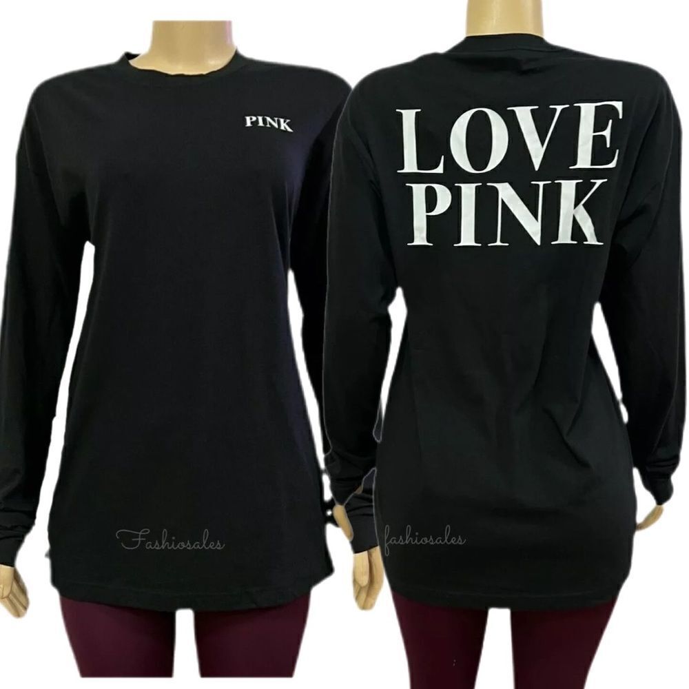 Victoria’s Secret Pink Oversized LOVE PINK Long Sleeve Crew Neck tee shirt black